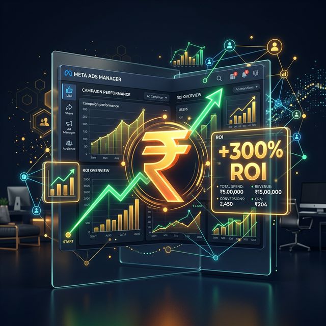 Meta Ads Performance Dashboard showing +300% ROI for Indian businesses